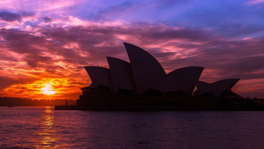 opera house, australia, architecture, building, sydney, nature, sunset, landmark, tourist attraction, travel, dusk