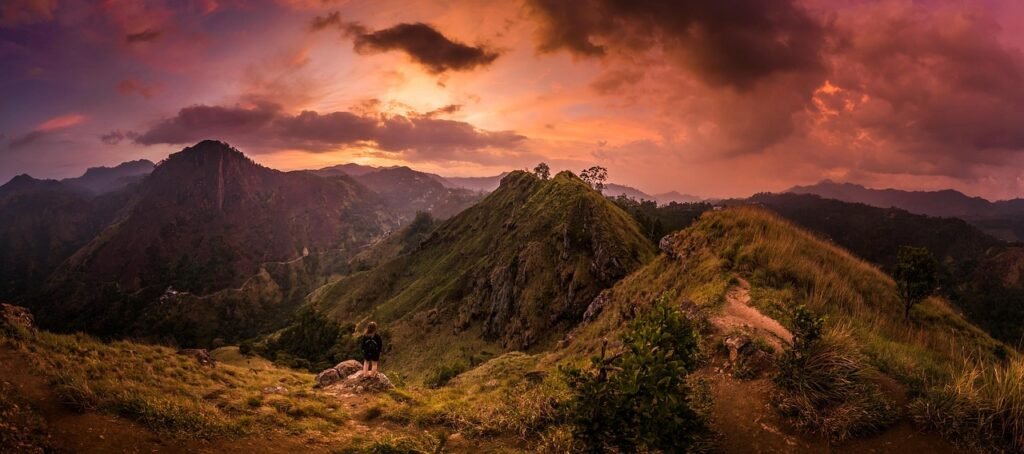 mountains, sunset, panorama, mountaineer, mountaineering, hiker, hiking, backpacker, backpacking, alone, mountain ranges, mountainous, mountain landscape, dusk, twilight, sunrise, adventure, dawn, hills, landscape, outdoors, scenic, nature, travel, valleys