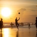 sunset, volleyball, beach, silhouette, beach volleyball, sport, playing, nature, golden hour, sun, sunlight, coast, shore, seashore, sea, ocean, leisure, vacation, people, Indonesia, Bali, Dalung