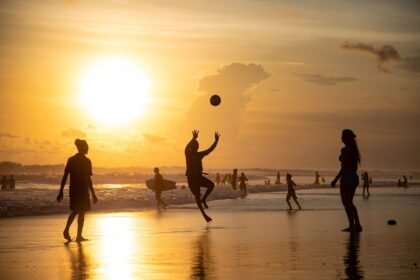 sunset, volleyball, beach, silhouette, beach volleyball, sport, playing, nature, golden hour, sun, sunlight, coast, shore, seashore, sea, ocean, leisure, vacation, people, Indonesia, Bali, Dalung